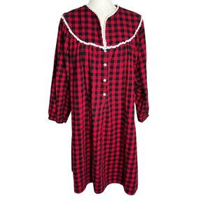 Lanz Of Salzburg Buffalo Plaid Flannel Nightgown Size Large Red Black Buttons